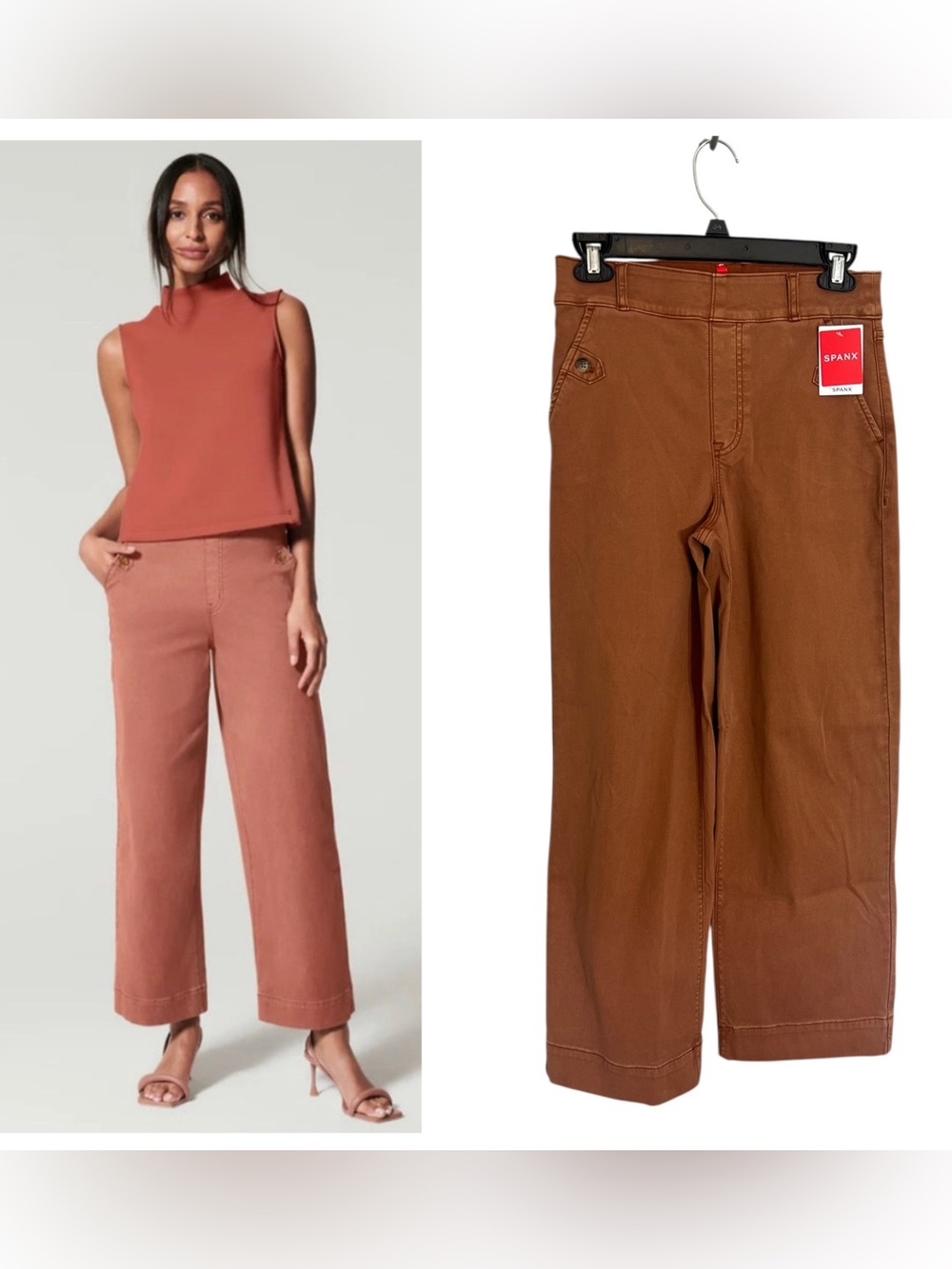 NWT Spanx stretch twill cropped wide leg pant bronze glow rust brown sz small